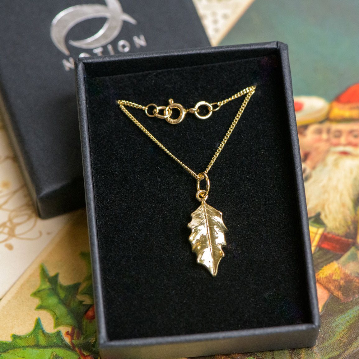 9ct gold leaf pendant cast from a holly leaf