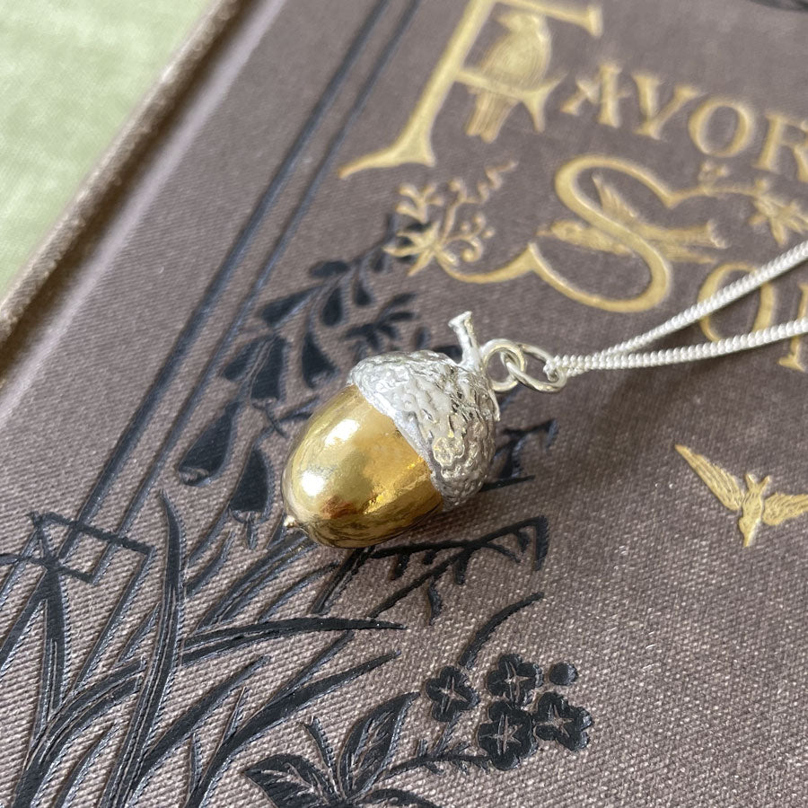 Jewellery inspired by Nature. Large silver acorn with 18ct gold vermeil nut
