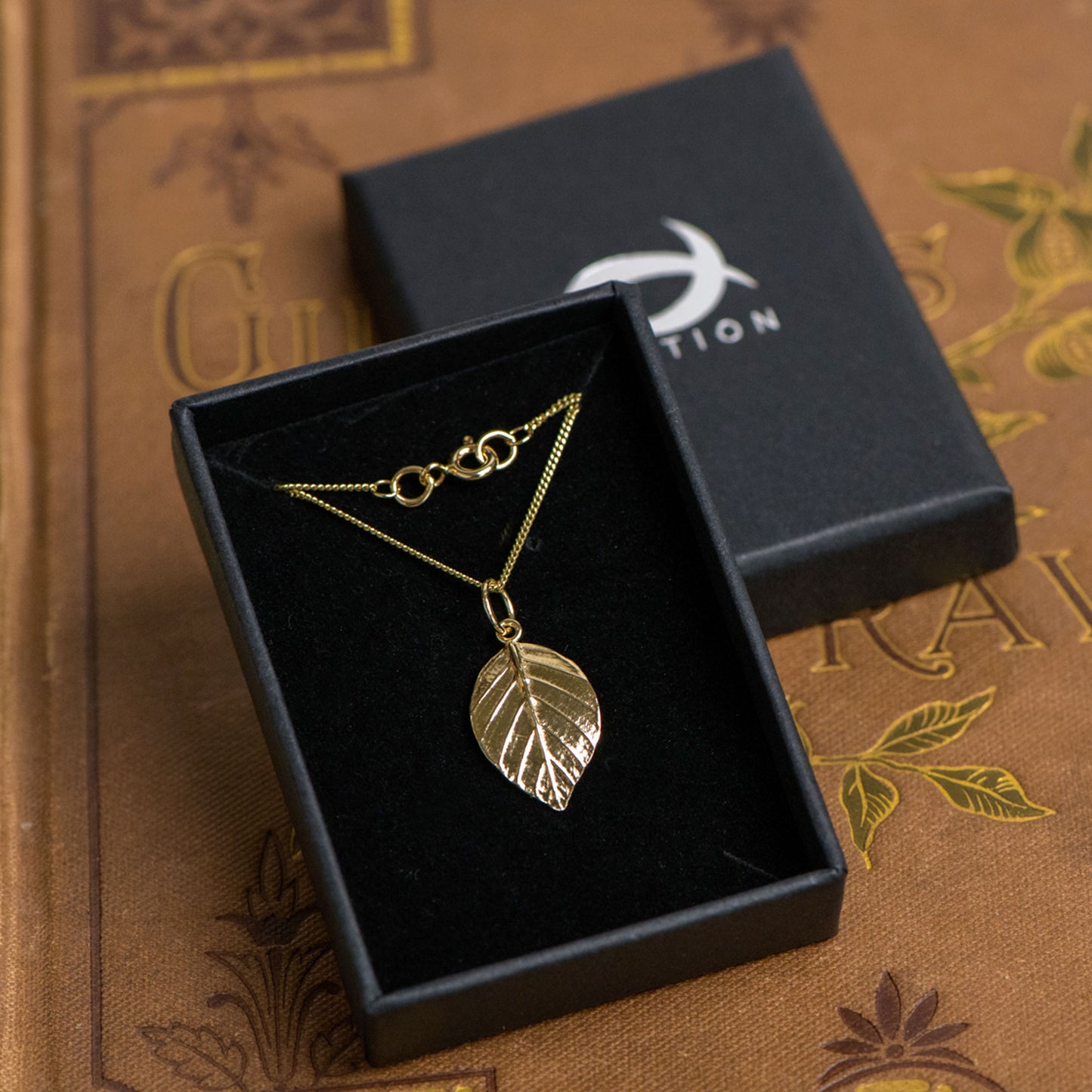 9ct gold beech leaf necklace by Notion Jewellery