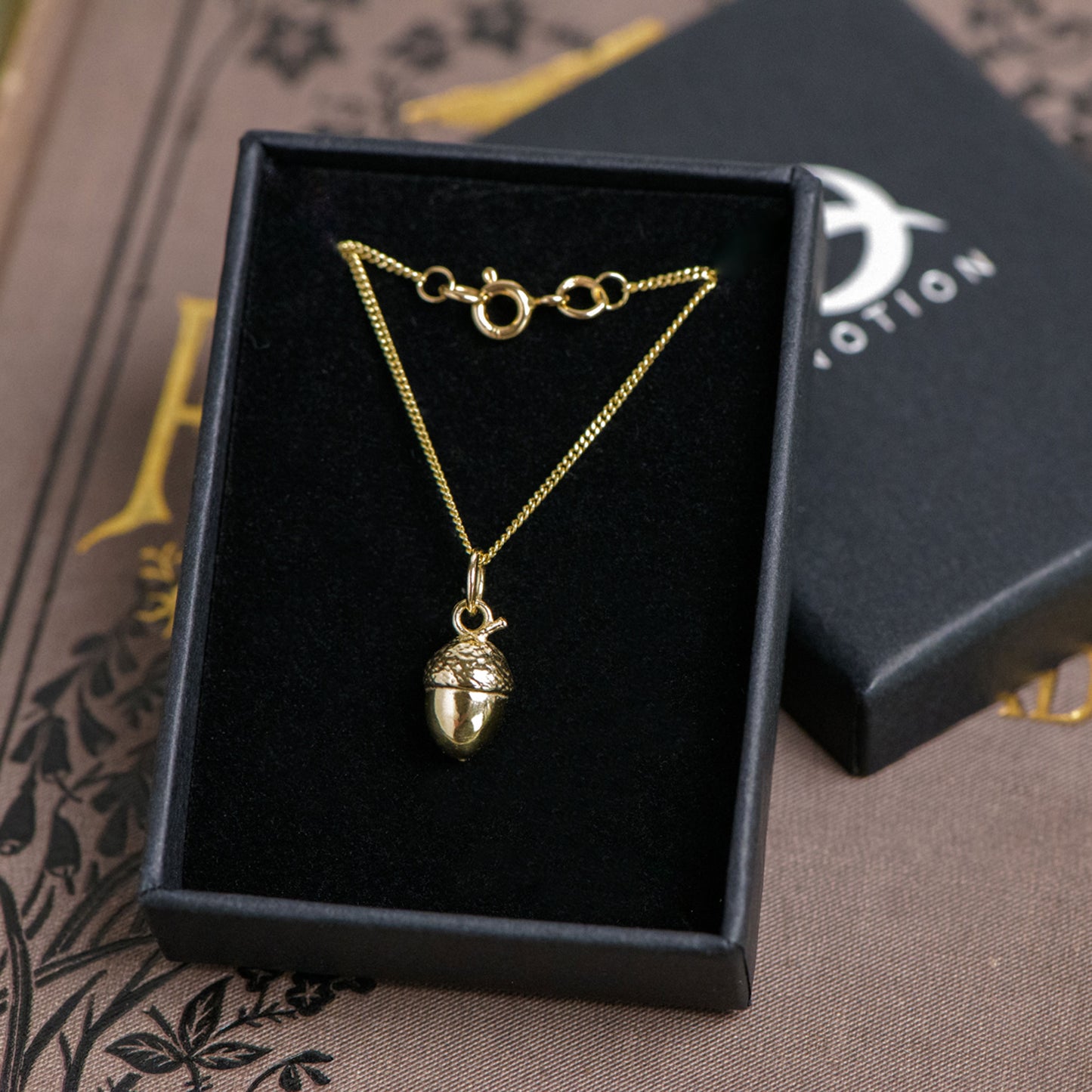 9ct gold acorn necklace in display box by Notion Jewellery