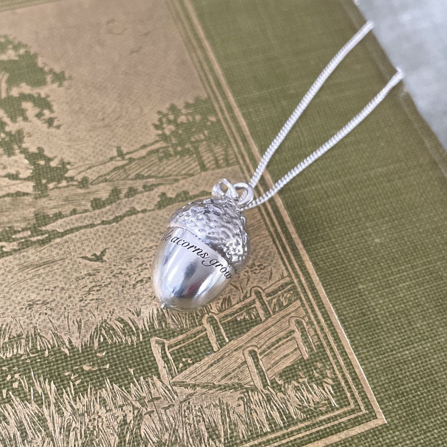 "Great oaks from little acorns grow" engraved large silver acorn by Notion Jewellery