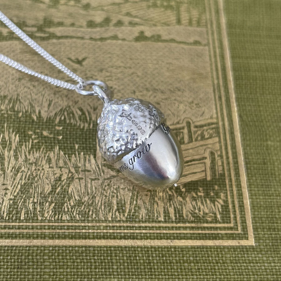 hallmark on engraved large acorn necklace silver by Notion Jewellery