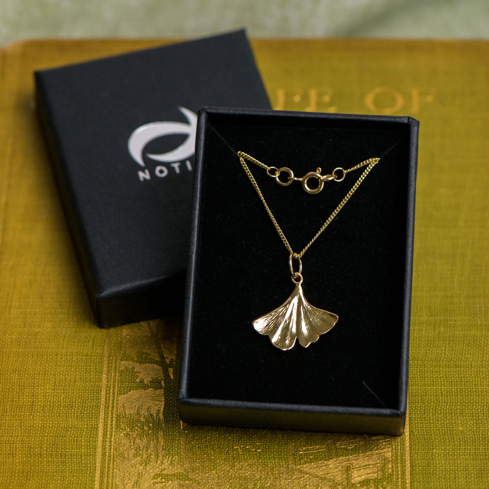 ginkgo leaf necklace in gold by Notion Jewellery