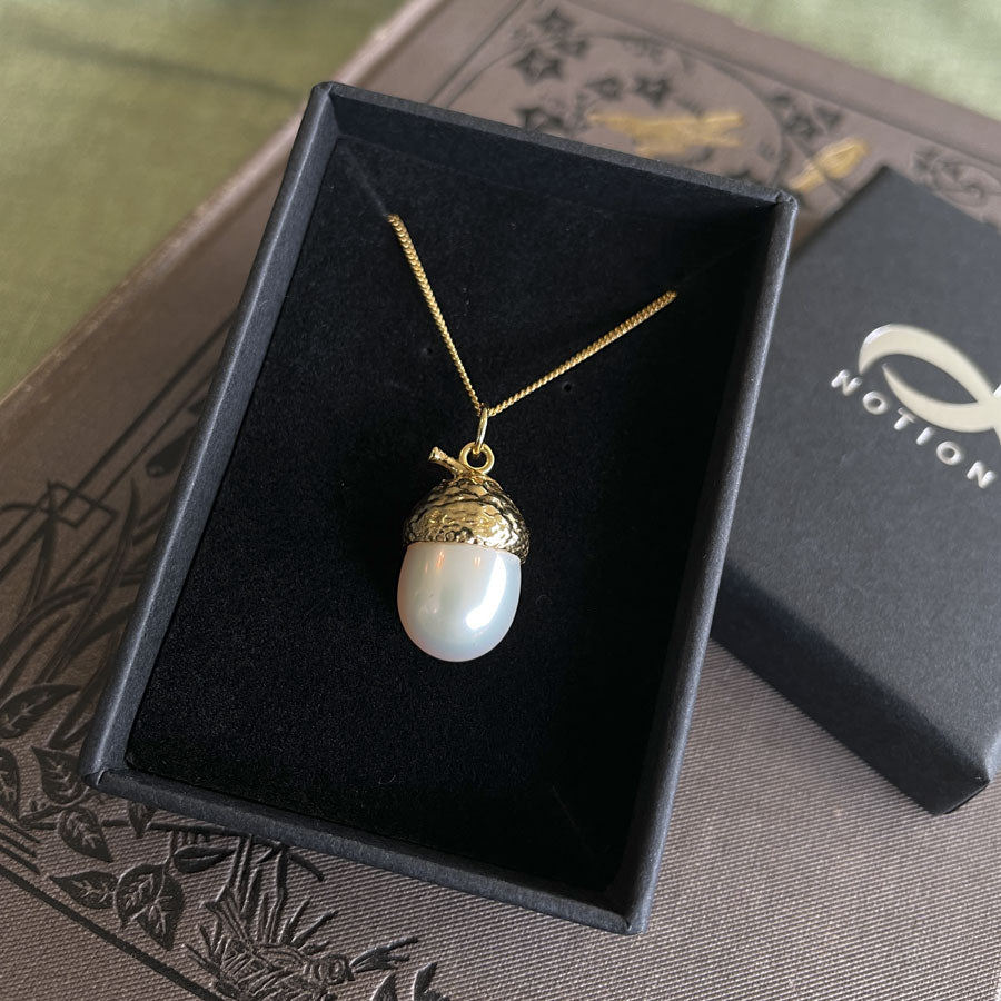 Gold vermeil pearl acorn pendant in box
