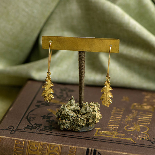Oak leaf drop gold earrings by Notion Jewellery. Gold drop earrings handcrafted by Caroline.