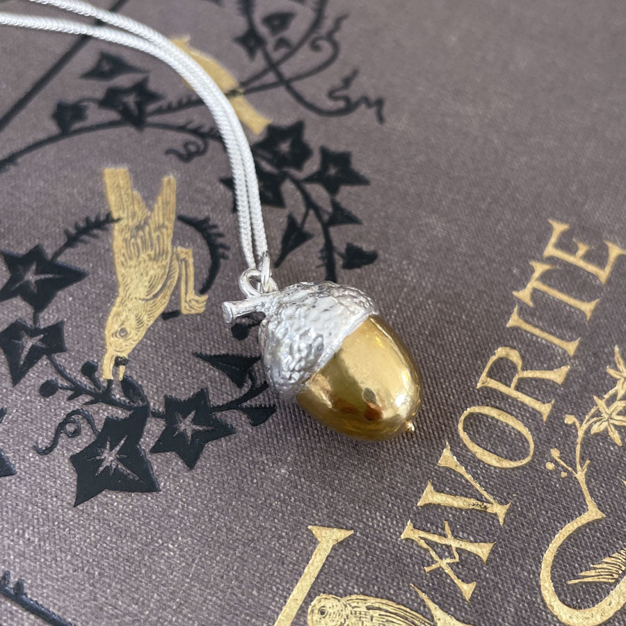 Jewellery inspired by nature. Large silver acorn with 18ct gold vermeil nut