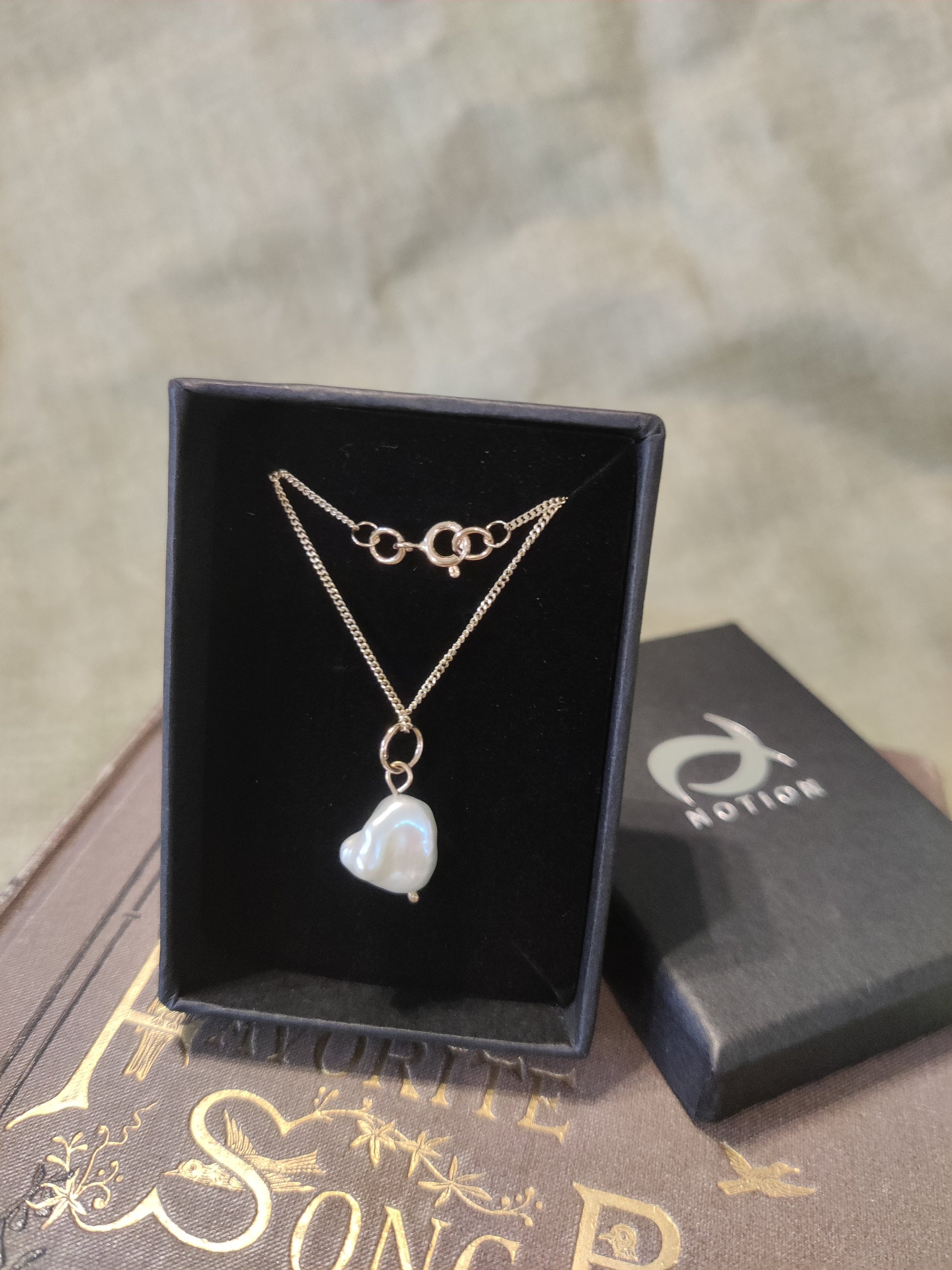 large pearl necklace by Notion Jewellery in gift box