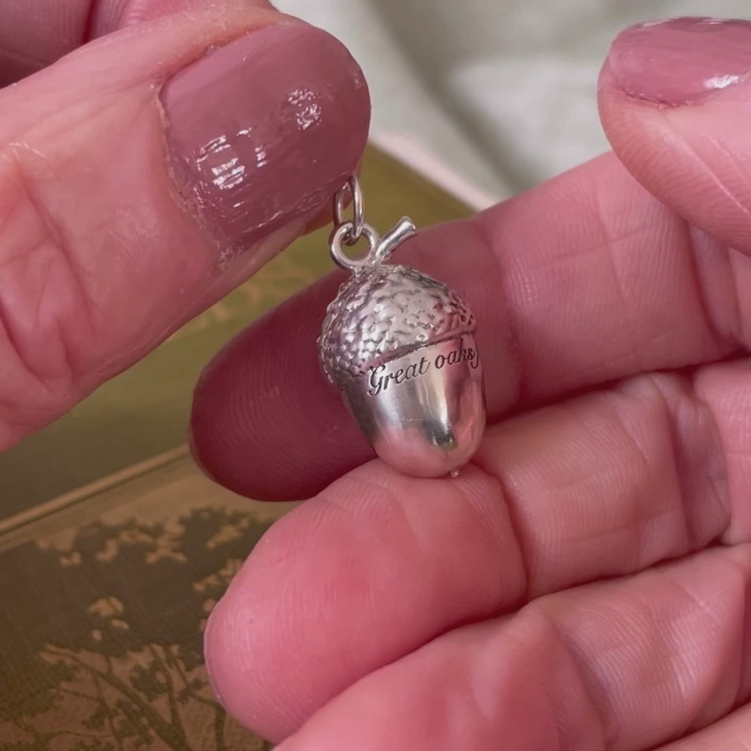 "Great oaks from little acorns grow" engraved large silver acorn by Notion Jewellery video