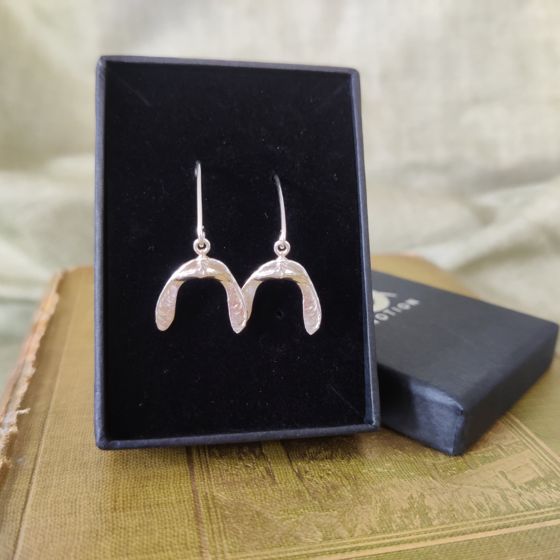 Woodland inspired silver drop earrings in a box
