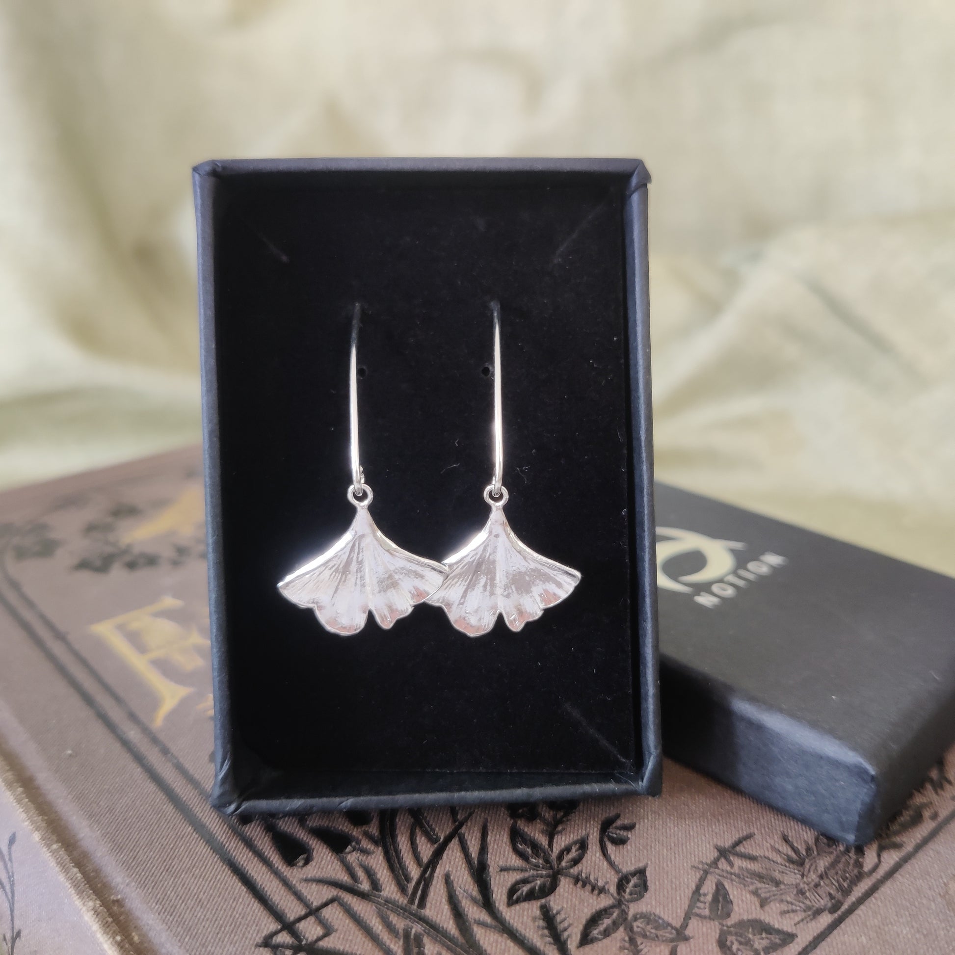 sterling silver leaf drop earrings by Notion Jewellery in a gift box