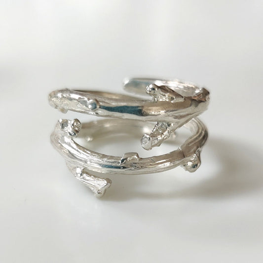 Double oak twig ring in recycled eco silver