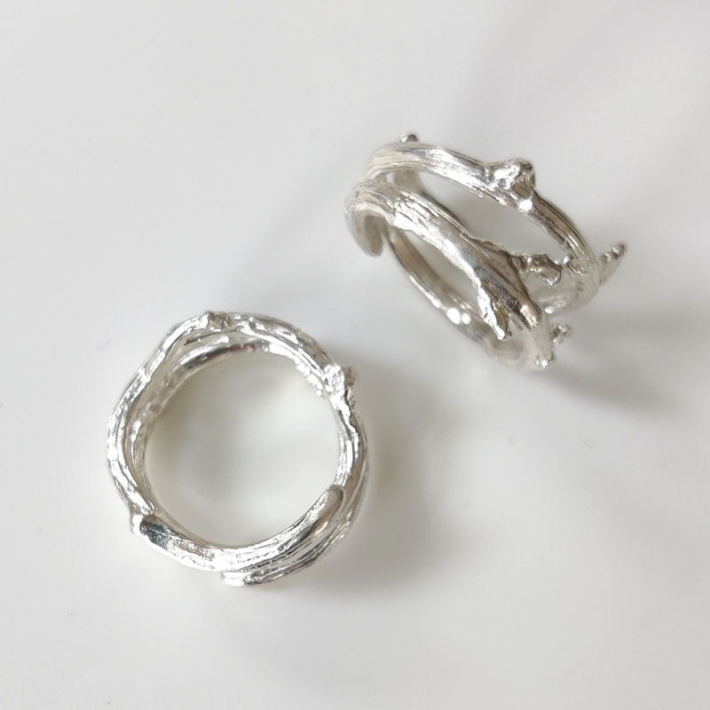 Double oak twig ring in recycled eco silver - top