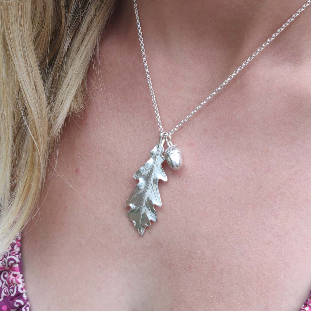 silver leaf necklace with oak leaf and acorn