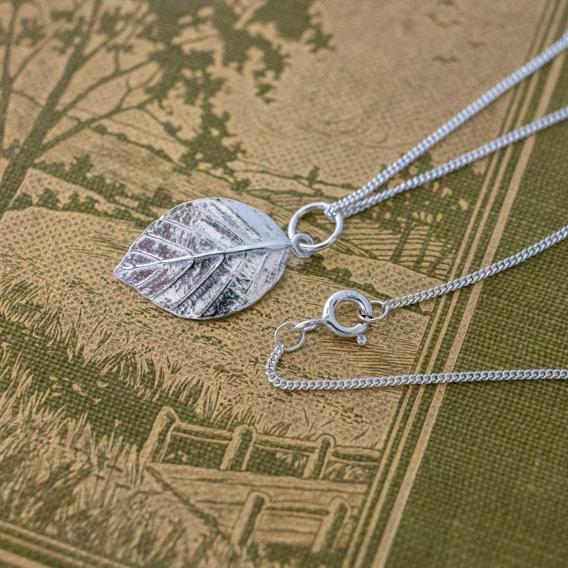 Small beech leaf necklace on a sterling silver curb chain. 