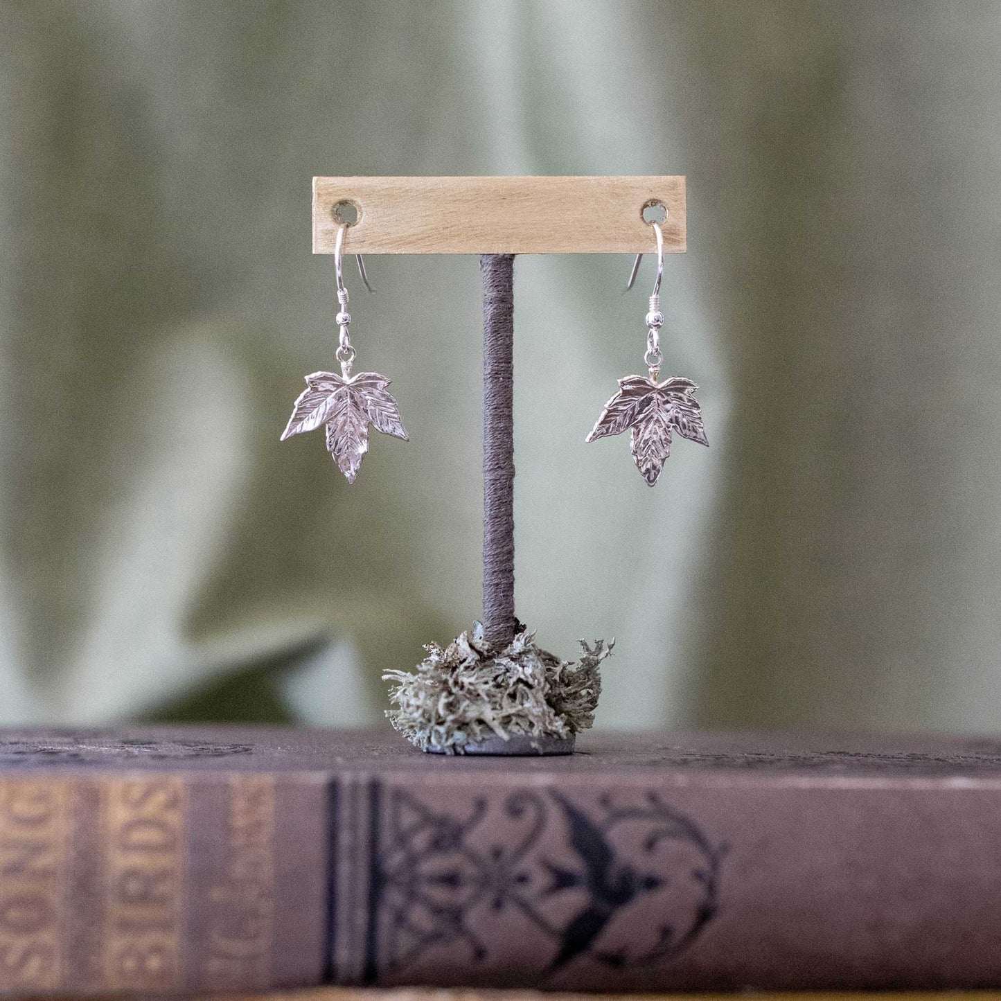 Sycamore leaf earrings handcrafted in sterling silver. 
