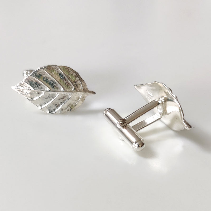 Silver Beech leaf Cufflinks - side