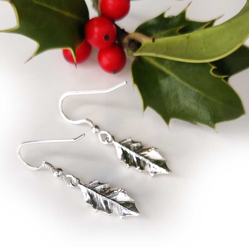 Silver holly drop earrings - back