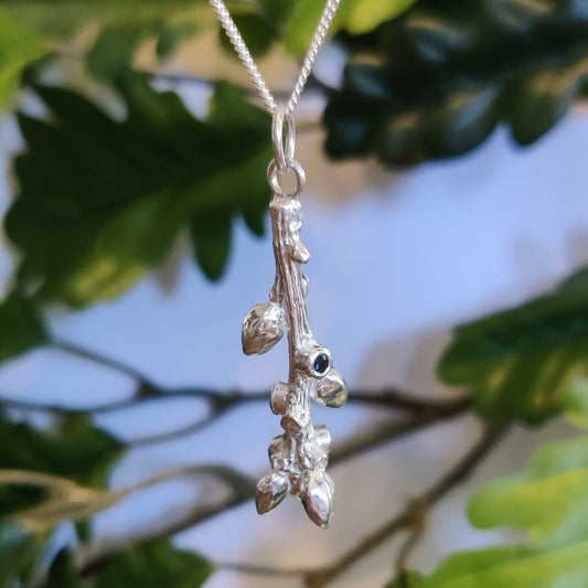 Oak Bud Twig and Sapphire Pendant in Sterling Silver