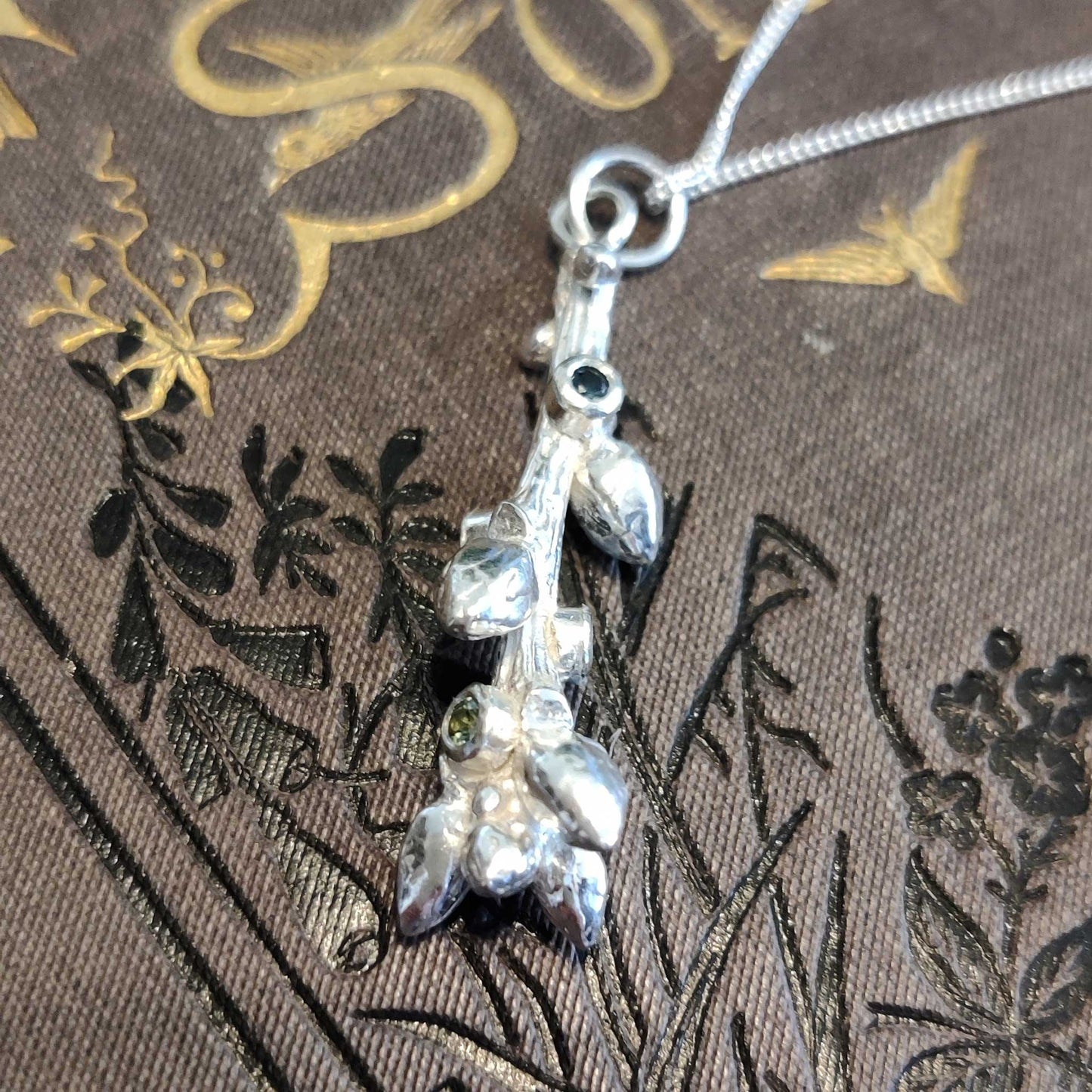 Oak Bud Twig and Sapphire Pendant in Sterling Silver