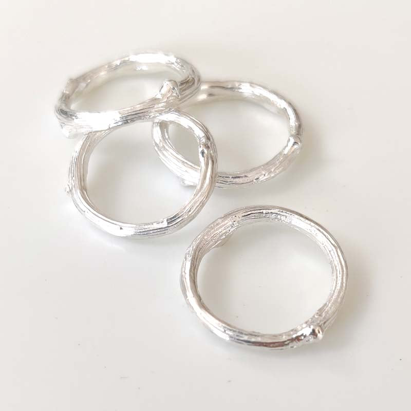 Handcrafted oak twig rings in recycled eco silver