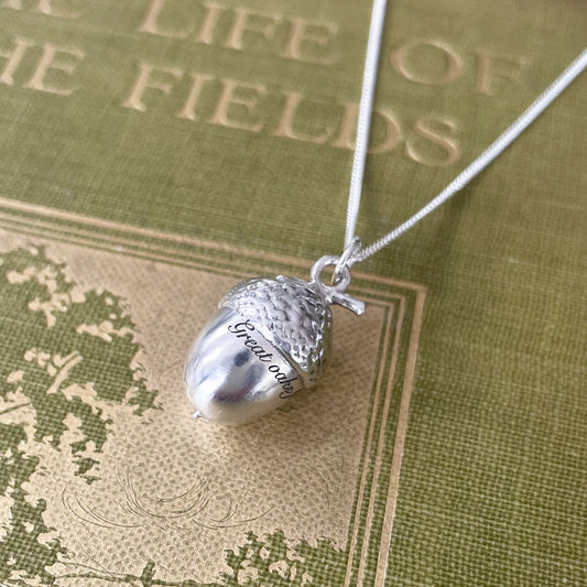 Great oaks detail on engraved large acorn necklace by Notion Jewellery
