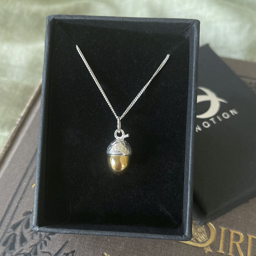 Small acorn pendant with 18ct gold vermeil nut in box