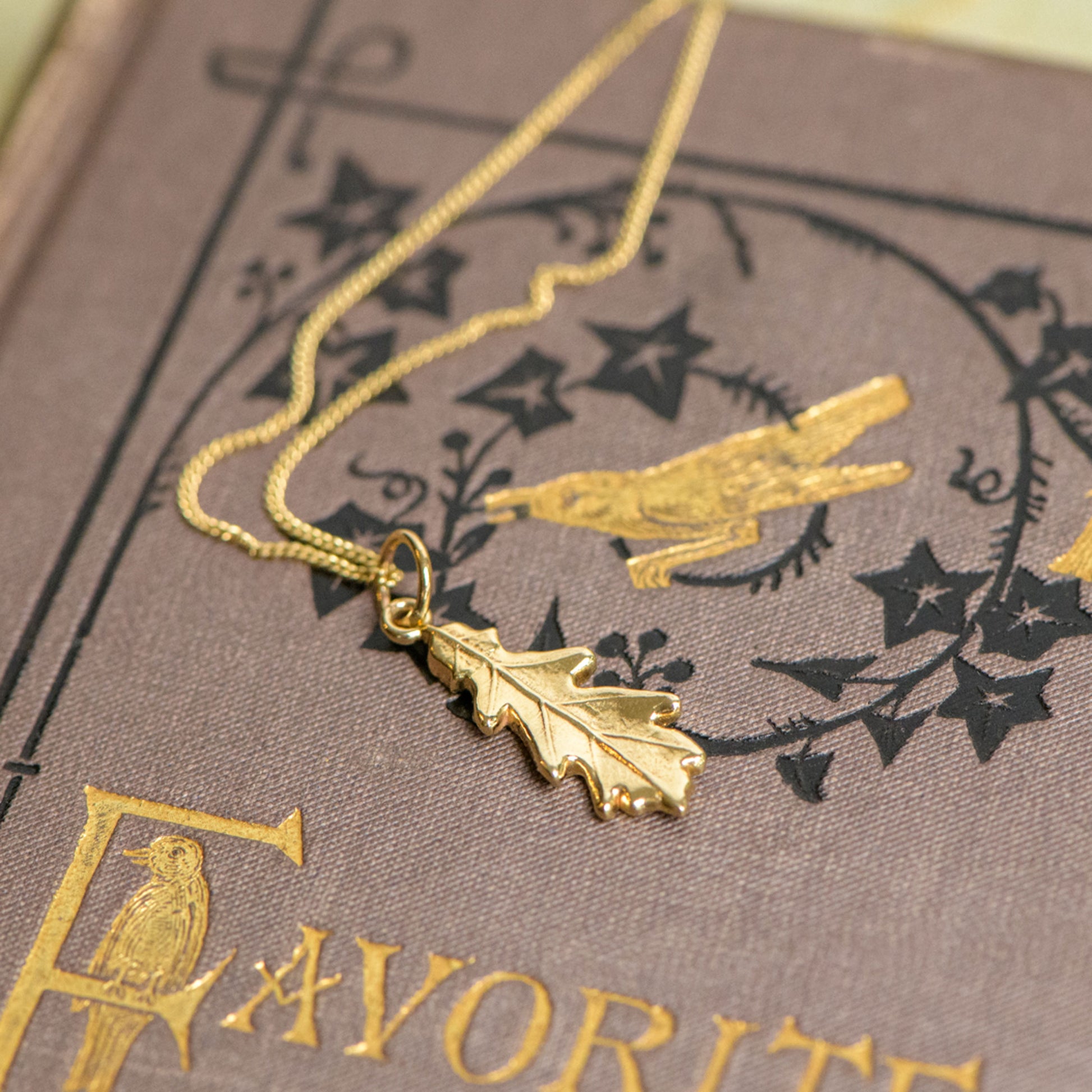 9ct gold necklace leaf from an oak tree by Notion Jewellery
