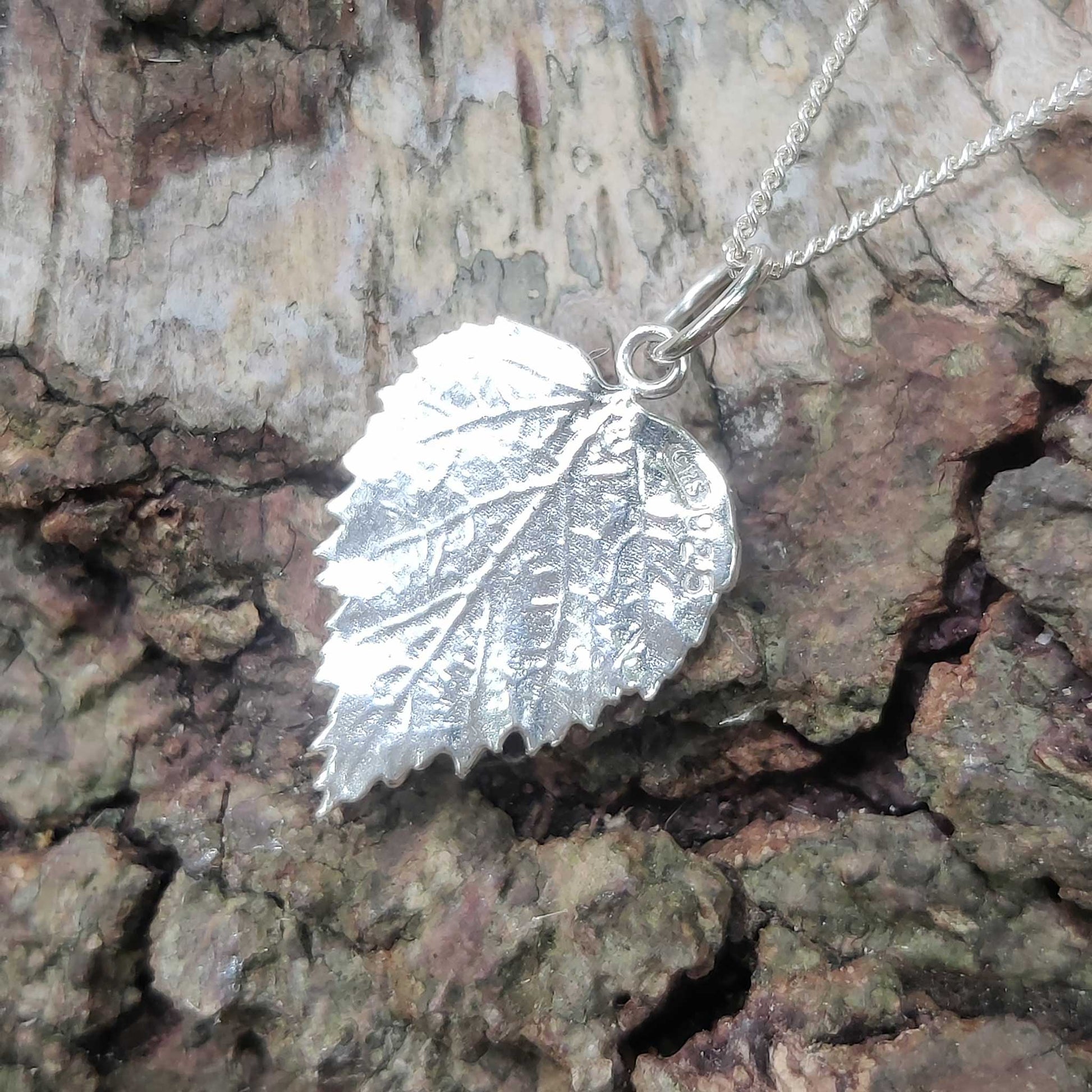 Silver Birch back of leaf showing maker's mark and 925 stamp
