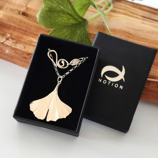 Large ginkgo necklace in sterling silver in a display box. 