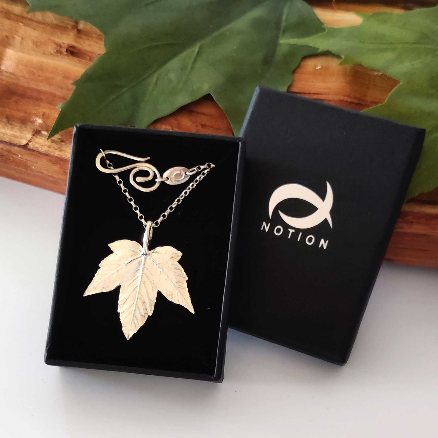 Large silver Sycamore leaf pendant in box