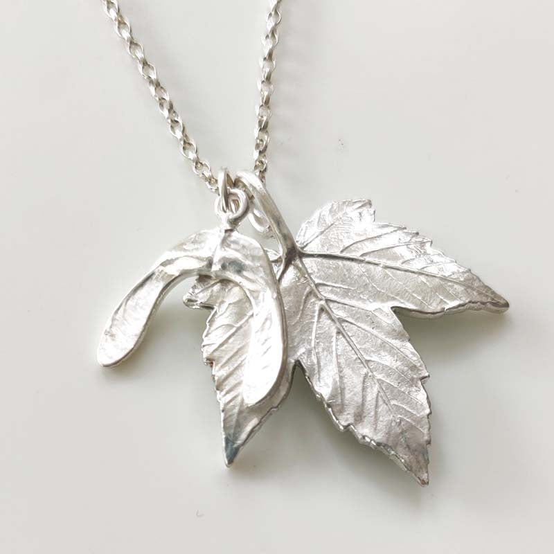Large silver Sycamore leaf pendant with medium sycamore seed