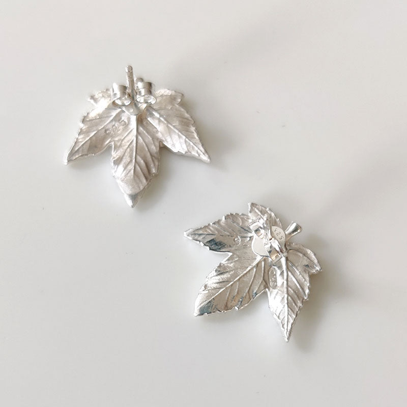 Small eco silver Sycamore leaf stud earrings - back