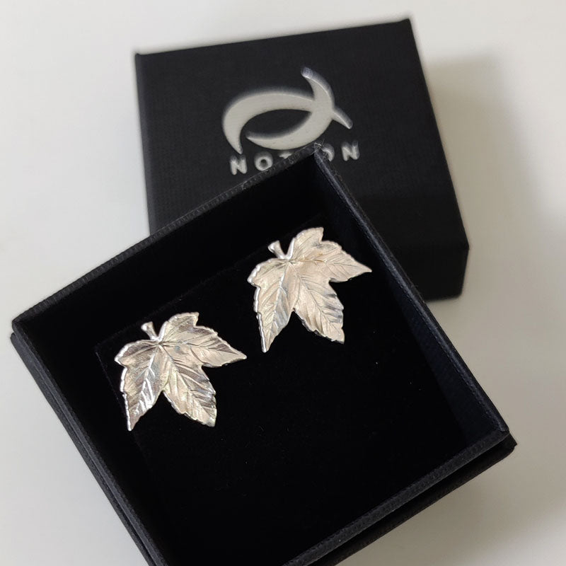 Small eco silver Sycamore leaf stud earrings - boxed