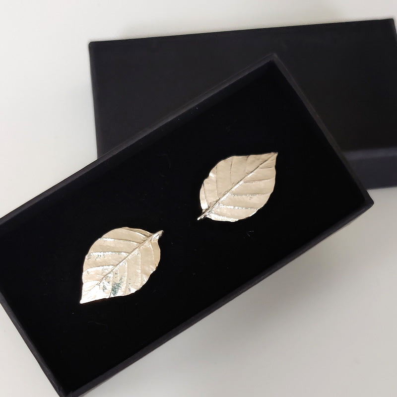 Silver Beech leaf Cufflinks - box