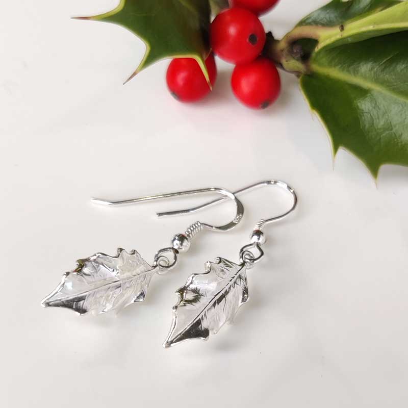 Silver holly drop earrings - front