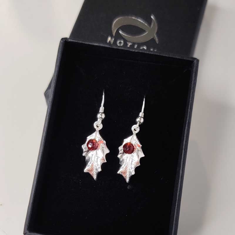 Silver holly drop earrings with garnets - box