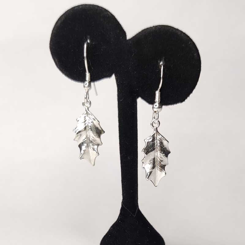 Silver holly drop earrings - stand