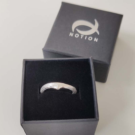 Boxed handcrafted oak twig rings in recycled eco silver