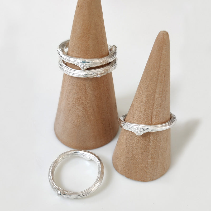 Handcrafted oak twig rings in recycled eco silver